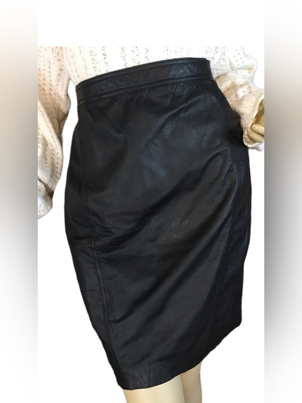 VINTAGE BRANDON THOMAS BLACK LEATHER PENCIL SKIRT (12)